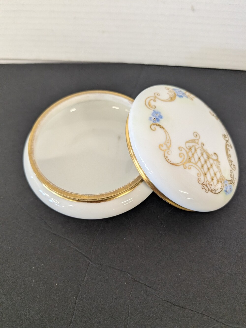 VINTAGE Limoges Porcelain Trinket Box  Gold Filigree Blue Floral Accents